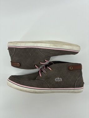 Lacoste Gray Suede Mid-Top Sneakers with Pink Laces